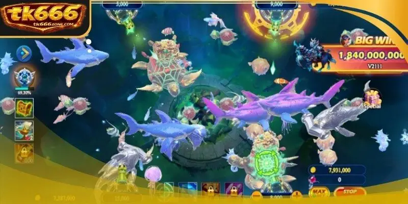 A long mechanical drill projectile piercing through a row of golden fish